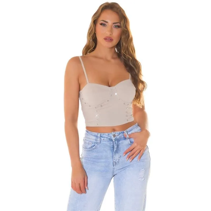 Bauchfreies Damen Träger Bustier-Top mit Strasssteinen Beige