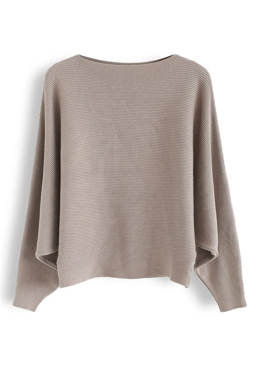 Boat Neck Batwing Sleeves Crop Knit Top in Taupe