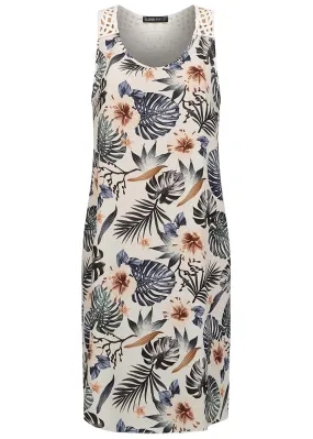 Cloud5ive Damen A-Linie Kleid mit Häkeleinsatz hinten AOP Tropical weiss