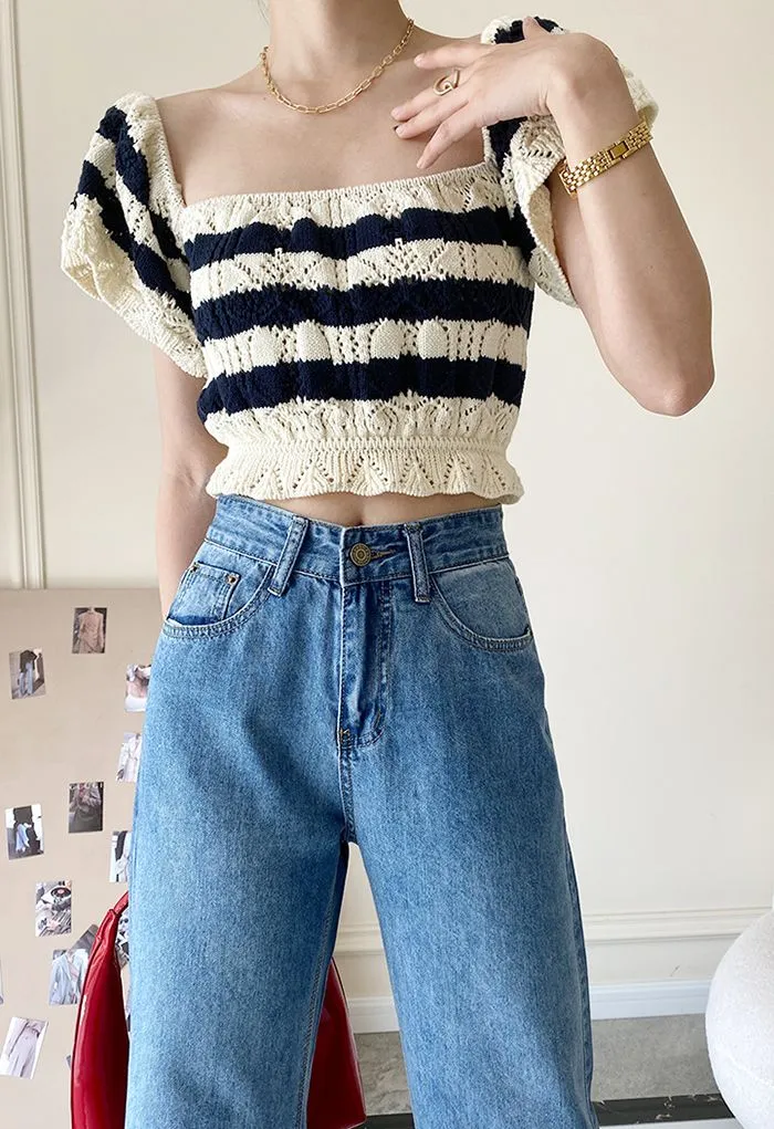 Gestreiftes Strick-Crop-Top mit ausgestellten Ärmeln