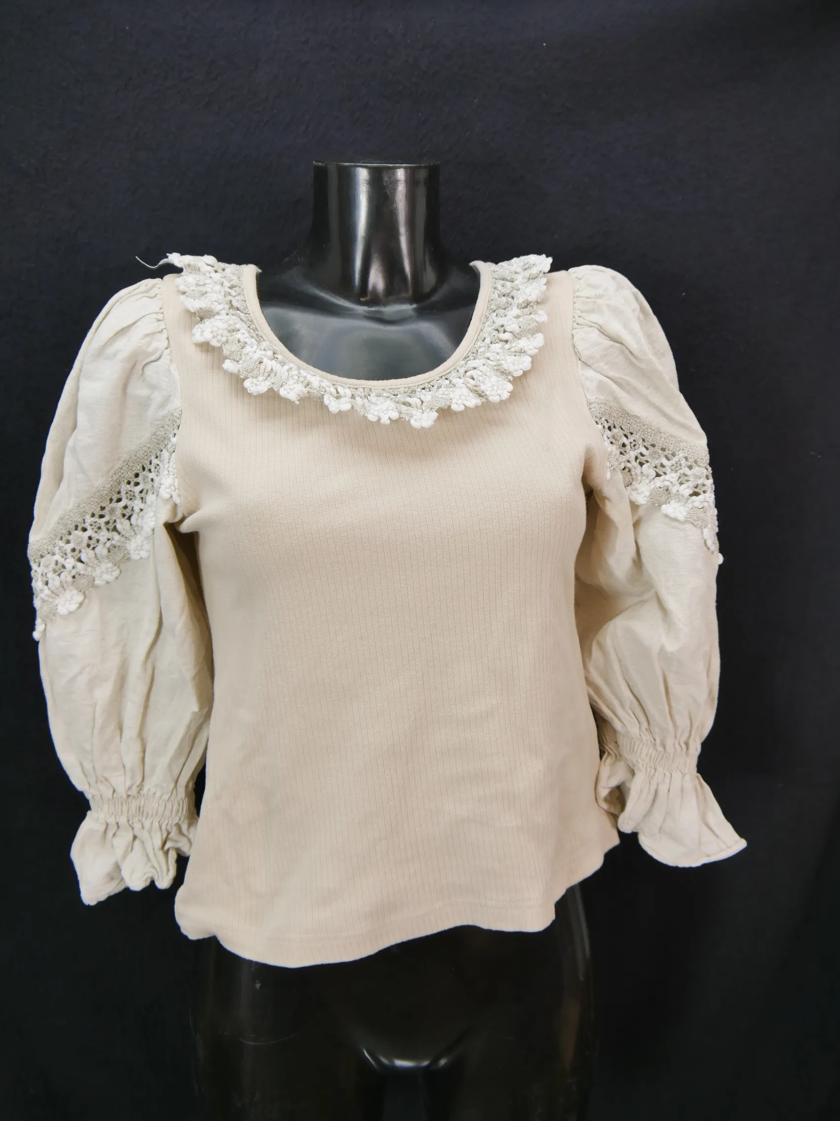 Gr.38 Trachtenbluse beige Bluse Landhaus mit Stretch und toller Spitze TB5805