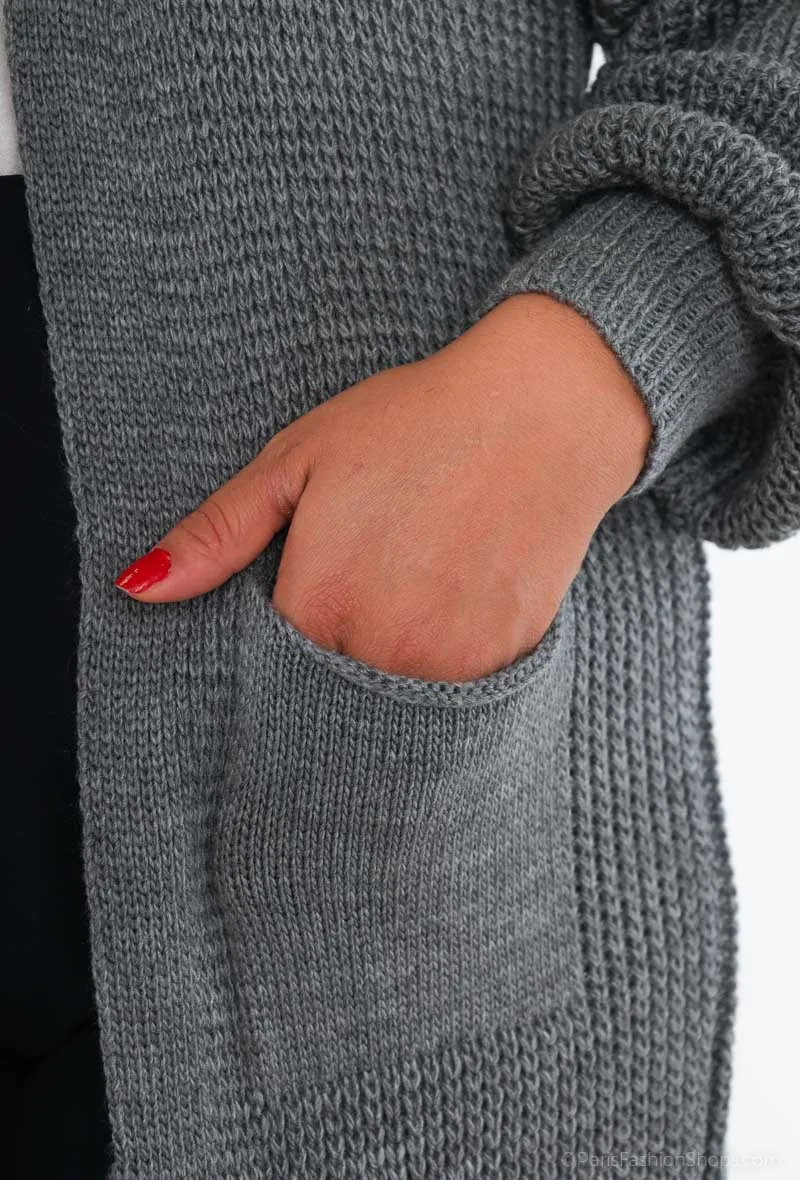 Lange Strickweste mit Puffärmeln und Taschen