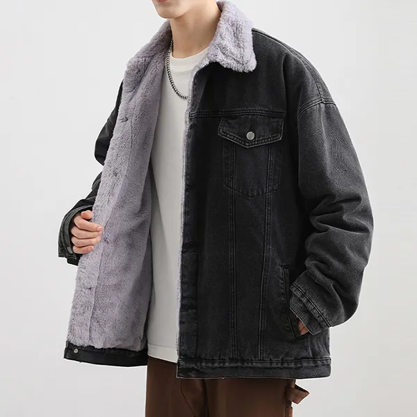 Modische Herren Jeansjacke mit Plüschfutter, lässiger Look, Stehkragen - warm und altgewaschen