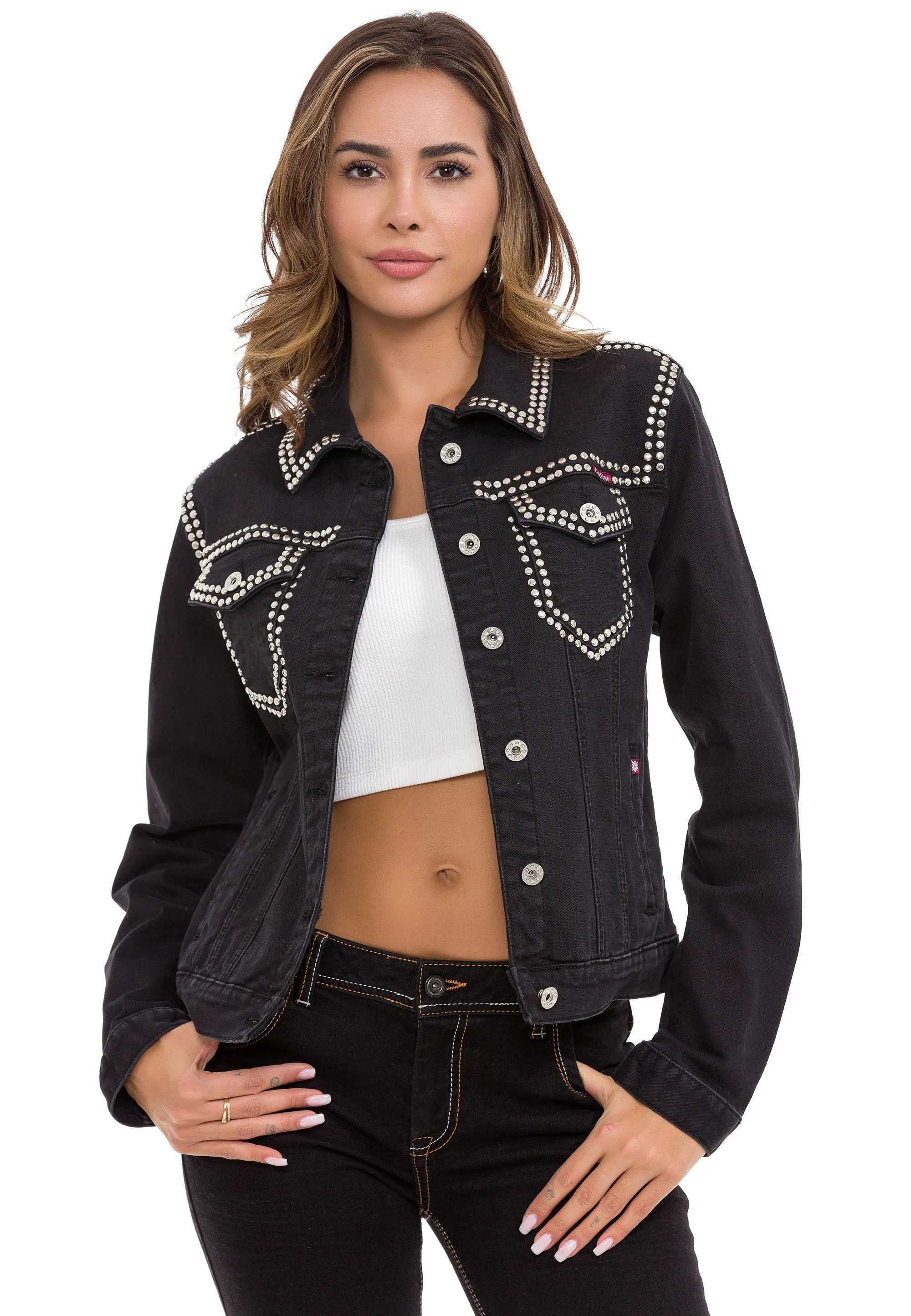 WJ213 Damen Jeansjacke mit Nietenbesatz Ausgefallen Denim Freizeitjack